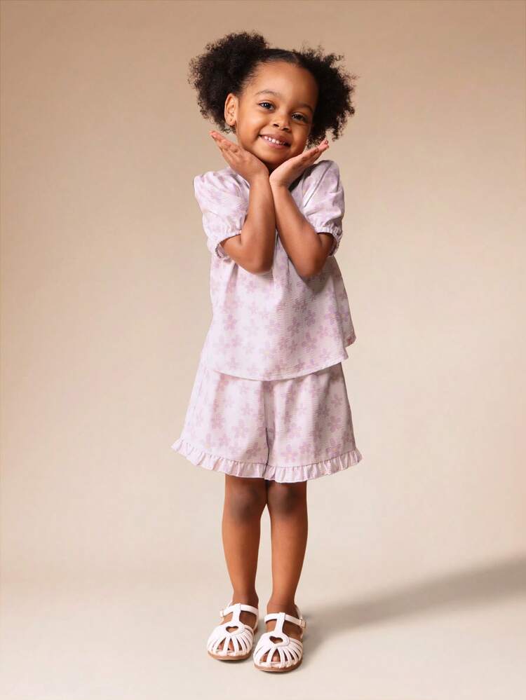 Floral Puff Sleeve Top And Ruffle Shorts Set