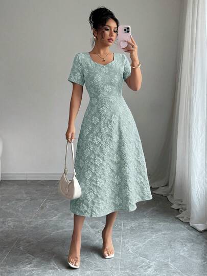 Elenzga Vestido azul de mujer de manga corta con cuello cuadrado y silueta evasé con estampado 3D en relieve