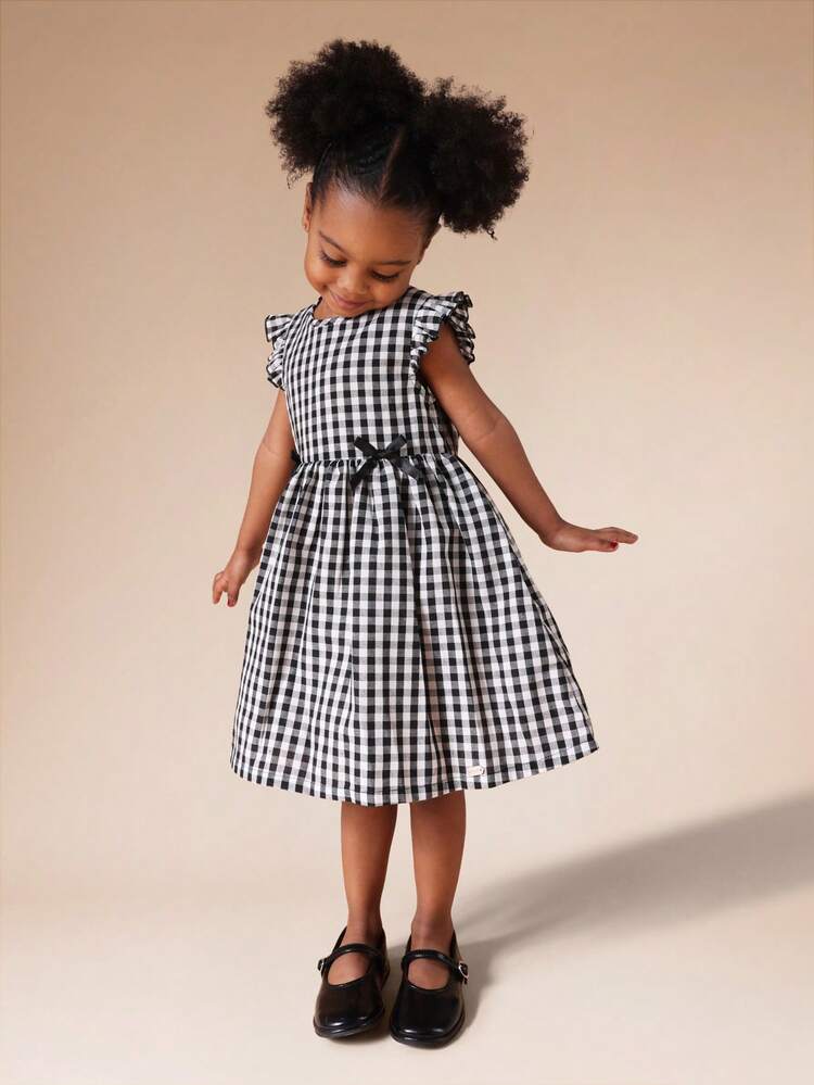 Flutter Sleeve Gingham Bow Dress With Ruffles