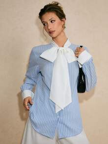 Poéselle 女士休闲通勤条纹领结衬衫 - 彩色 - 查看 7