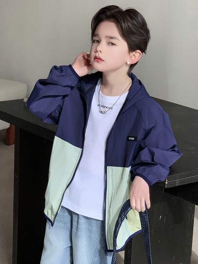 DAZY Tween Boy Bokstav Grafisk Kontrastfärg Dragkedja Fram Avslappnad Hoodiejacka