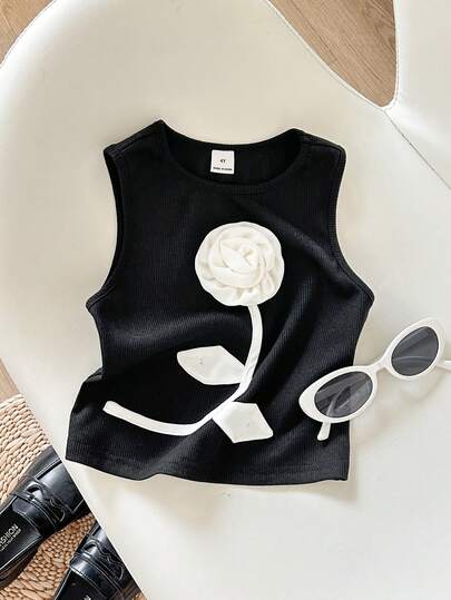 SHEIN 女童3D立体花朵装饰圆领休闲背心，柔软舒适，适合夏季穿着，黑色吊带背心，3D立体花朵吊带背心，侧边花朵装饰，女童玫瑰花朵吊带背心，可爱款式