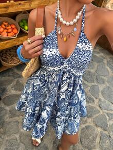 Selianne Đầm ngắn dáng chữ A không tay, cổ buộc dây, size tiêu chuẩn dành cho nữ, thích hợp cho kỳ nghỉ xuân/hè. - Xanh và trắng - Xem 1