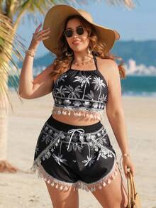 Swim Lushoire Große Größen Sommer Urlaub Strand Kokosnussbaum Muster Tankini Set - Schwarz - Übersicht 4