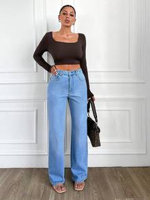 EURMUSE High Waisted Straight Leg Jeans - Light Wash - View 5