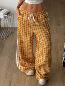 Coolane Women's Summer Casual Y2K Plaid Drawstring Waist Loose Wide Leg Pants - Yellow - View 6