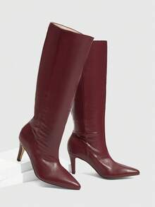 Daringsoles Women's Pointed Toe Slip-On Sexy Burgundy Stiletto High Heel Boots, Autumn/Winter Tall Boots, Fashionable Nightclub Glamorous - Burgundy - View 2