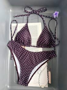 Swim Mod 2026春夏女士波点印花挂脖泳衣，高衩下装，两件式比基尼套装，波点比基尼度假比基尼波点泳装 - 彩色 - 查看 2