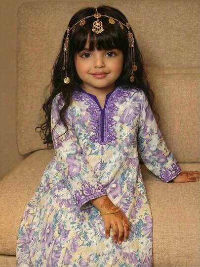 SHEIN 女婴V领长袖优雅复古印花连衣裙