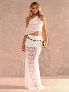 SHEIN Glamour Bộ đồ hai mảnh ôm sát gợi cảm dành cho nữ, gồm áo hai dây ren jacquard bất đối xứng và chân váy midi ren jacquard, thích hợp cho mùa xuân/hè. - trắng - Xem 3
