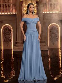 Glamrae 优雅露肩针织面料褶裥设计腰部喇叭下摆A字连衣裙，适合舞会、商务活动、私人下午茶、生日、节日活动、婚礼宾客正式礼服、晚礼服等场合。 - 藍色 - 查看 5