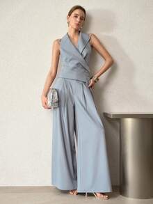 MOTF PREMIUM 2PCS SUIT COLLAR FITTED VEST TOP & WIDE LEG FOLD PLEATED PANTS SET, SPRING/SUMMER - Baby Blue - View 7