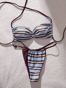 Swim Mod Conjunto de bikini de 2 piezas con estampado de rayas, escote halter y espalda descubierta, sexy, para mujer, Primavera/Verano 2026 - Multicolor - Ver 4