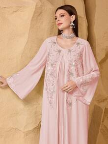 SHEIN Najma Đầm dài tay nữ thanh lịch thêu ngọc trai, phối nhiều mảnh, xếp ly phía trước. - Màu Hồng baby - Xem 6