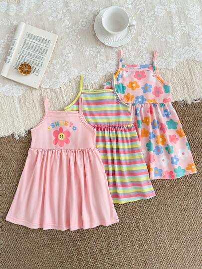 SHEIN 3pcs Baby Girls' Korean Style Sweet Floral & Striped Print Elastic Waist Spaghetti Strap Dress, Comfortable Casual Vacation Style