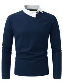 Manfinity Homme Men's Contrast Color Long Sleeve Casual Commuter Versatile Polo Shirt Navy Blue Knit Top, Formal, Ceremony - Navy Blue - View 3
