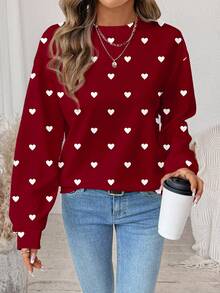 SHEIN LUNE 简约爱心图案印花圆领宽松女式卫衣，非常适合情人节、节日派对和聚会。 - 彩色 - 查看 6