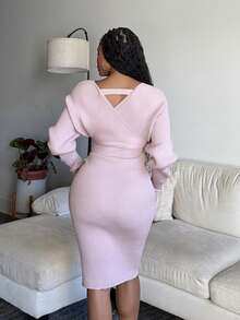 Tyla Gomez Surplice Neck Batwing Sleeve Chain Detail Sweater Dress Fall Winter Cloth For Women - Dusty Pink - View 2