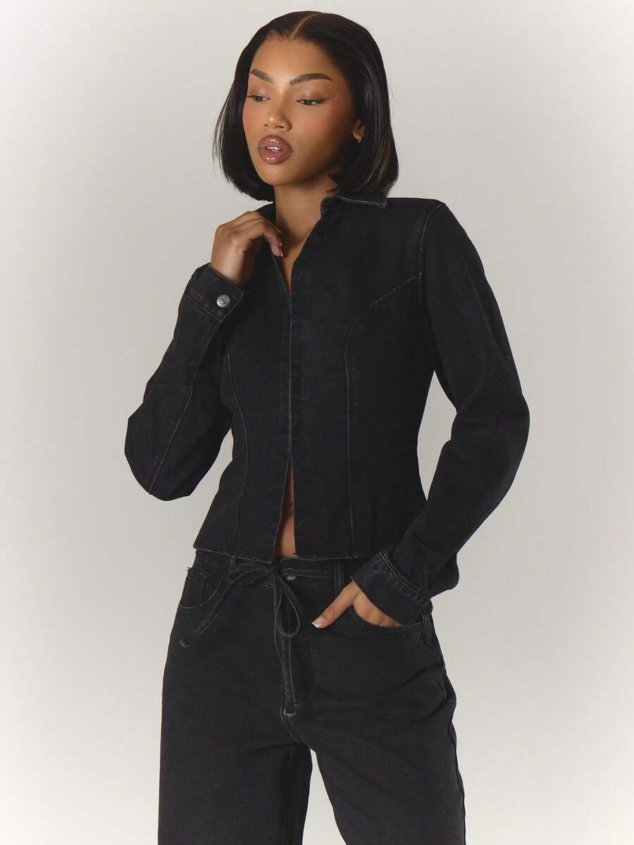 MUSERA 修身钩眼细节收腰长袖牛仔夹克街头风可爱优雅休闲性感外出太妃糖时尚 - 黑色 - 查看 1
