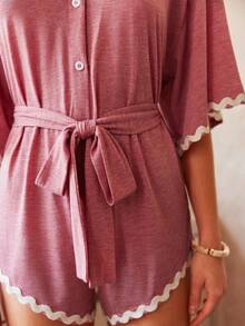 Lullawish Women's Pajamas Set Dusty Pink,Summer,Casual,Lounge Short Sleeve Bohemian Style Contrast Color Ruffle Decor Comfortable Jumpsuit Pajama Shirt Pj Sets - Rusty Rose - View 5