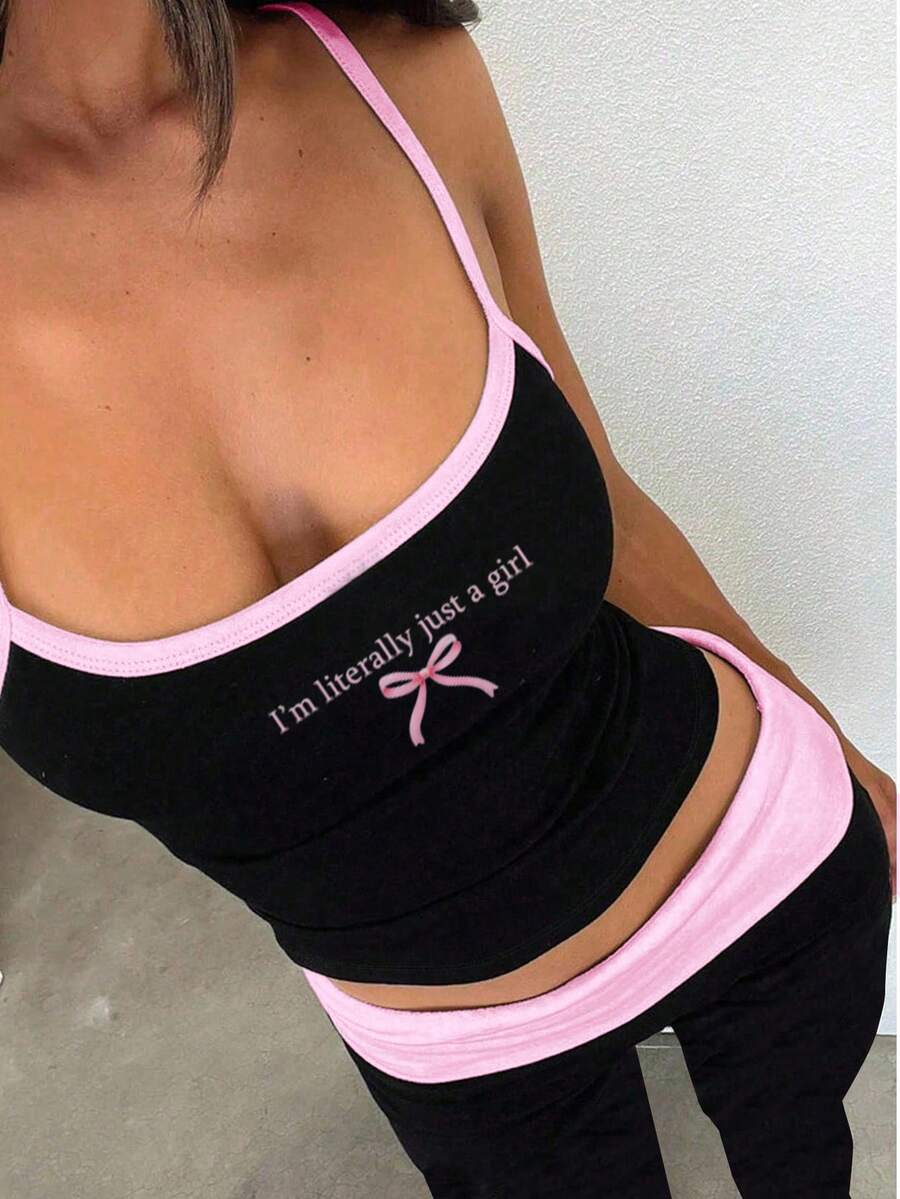 SHEIN EZwear 女士休闲装、健身装、撞色设计、清新女孩 - 黑色 - 查看 1