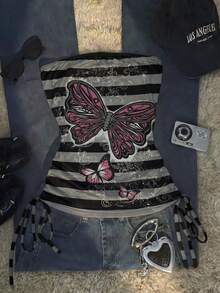 Noixe Summer Casual Striped Butterfly Print Tube Top - Multicolor - View 1