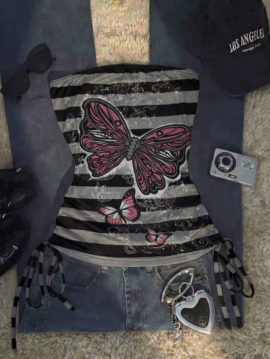Noixe Summer Casual Striped Butterfly Print Tube Top - Multicolor - View 1