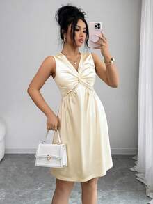 SHEIN Elenzya Champagne Satin Sleeveless V-Neck Twist Front Midi Dress, Elegant Luxury Drape Style, Suitable For Dates And Formal Occasions - Champagne - View 8