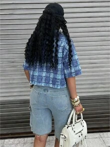 SHEIN Camisa casual holgada de manga corta a cuadros para mujer - Azul - Ver 2