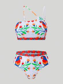 Swim Oasis 2pcs Plus Size Women's Fashionable Sexy One Shoulder Tropical Bird Digital Print Tankini Swimwear Set, Beach Outfit - Multicolor - View 3