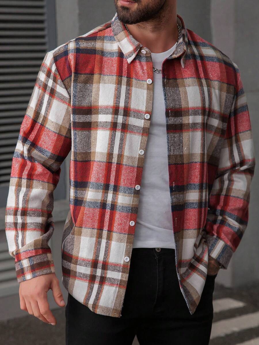 Manfinity Homme Áo sơ mi dài tay cài cúc phía trước, họa tiết kẻ caro, cỡ lớn dành cho nam giới. - Nhiều màu - Xem 1