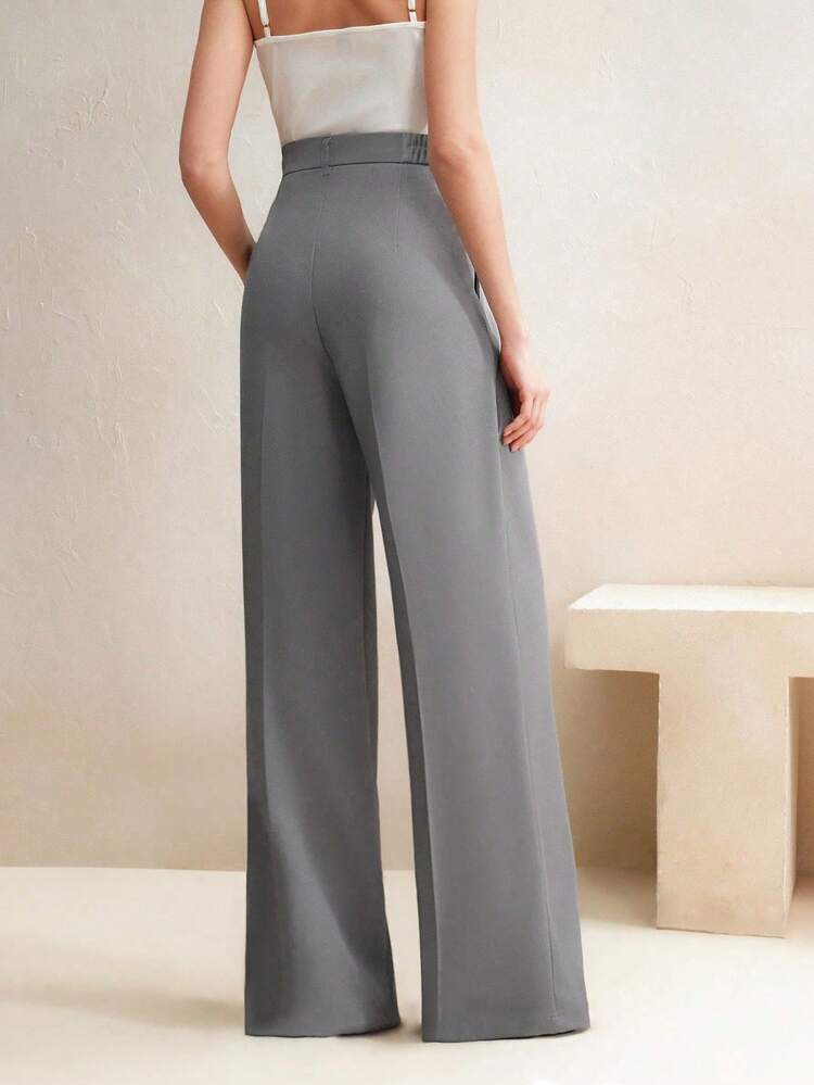 Elegant Stylish Design Pleated Shallow Grey Women's Suit Pants, Pockets, Straight Leg, Suitable For Tall, Fall, Winter, Summer, Spring, New Year, Party, Wedding, Elegant, Chic, Stylish, Business Casual
