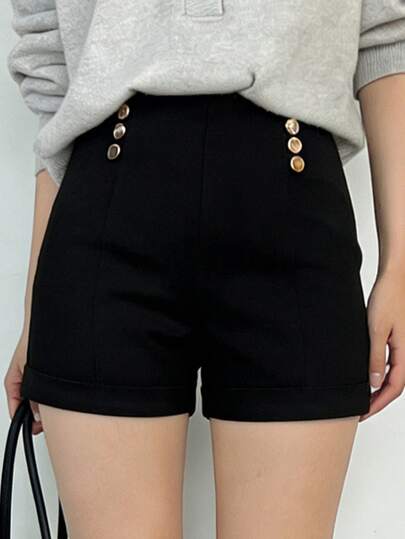 FRIFUL 女士纯色高腰金属纽扣装饰修身百搭春季短裤