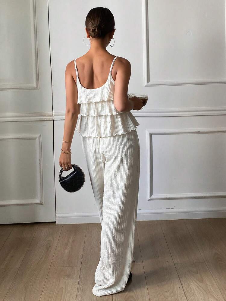 Women's Ruffle Trim Korean Style Shirt And Pants 2 Pieces Set Summer