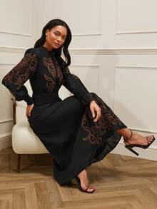 Lilora Women's Elegant Embroidered Puff Sleeve Button Design Dress - Black - View 7