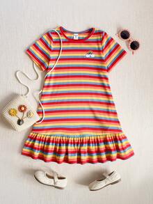 SHEIN Young Girl Casual Colorful Striped Ruffle Hem Dress, Summer - Red - View 3