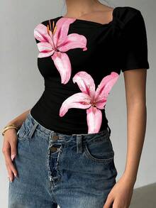 Siren Gaze Áo thun nữ tay ngắn dáng ôm, cổ lệch, nhún bèo, kiểu dáng thường ngày thanh lịch, thích hợp cho mùa hè. - màu đen - Xem 7