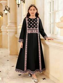 女童宽松圆领印花长裙，适合中东度假风、休闲穿搭，春夏秋季皆宜。 - 黑色 - 查看 3