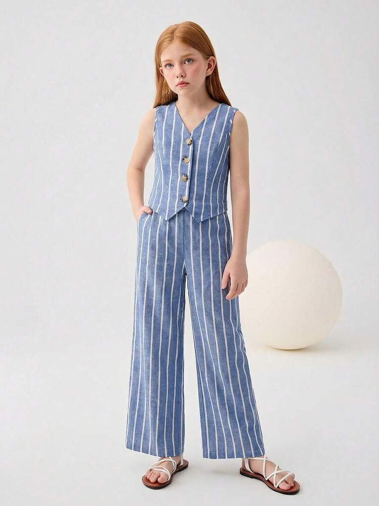 SHEIN Conjunto de 2 piezas de chaleco a rayas y pantalones de pierna ancha informal para vacaciones de niñas preadolescentes - Azul y blanco - Ver 5