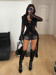 Coolane Áo khoác dài nữ mùa thu, phong cách Gothic Chic Rave, chất liệu ren co giãn, thoải mái, tay chuông, cổ bèo nhún, màu đen, kiểu phù thủy Boho, thích hợp cho lễ Halloween. - màu đen - Xem 4