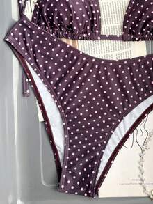 Swim Mod 2026春夏女士波点印花挂脖泳衣，高衩下装，两件式比基尼套装，波点比基尼度假比基尼波点泳装 - 彩色 - 查看 5