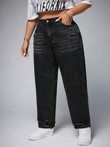 SHEIN ICON Jeans ajustados casuales de talle alto con bolsillos y desgastados para mujer de talla grande - Negro - Ver 4
