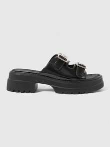 ROMWE Grunge Punk Giày sandal quai ngang phong cách Punk Rock Châu Âu & Mỹ dành cho nữ, khóa kim loại, sandal hở mũi kiểu La Mã, sandal đế xuồng phong cách Gothic cho kỳ nghỉ hè, Halloween. - Da sáng màu đen - Xem 2