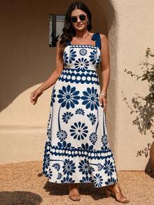 SHEIN PETITE CURVE Plus Size Summer Casual Vacation Floral Print Camisole Dress - Blue - View 4