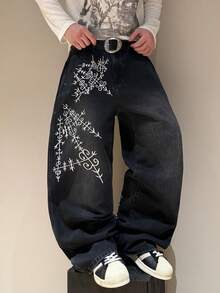 STEELVANCE 铆钉装饰做旧牛仔裤，刺绣点缀，宽松阔腿裤 - 黑色 - 查看 3