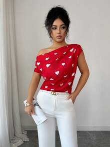 Rafferiza Women's Chic Red Heart Print Off-The-Shoulder Short-Sleeved Blouse,Summer Red And White Gathered Top For Party,Vacation,Valentine's Day & Casual Wear - Red - View 7