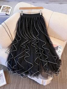 Franclia 女士撞色时尚网纱裙 - 黑色 - 查看 2