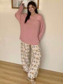Dazy Plus 大尺碼女款純色圓領長袖上衣與寬腿褲休閒居家服睡衣套裝 - 粉色 - 查看 4