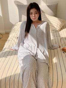 Dazy Plus Plus Size Women Ditsy Floral Long Sleeve Button-Up Top And Pants Pajama Set - Grey - View 1