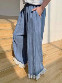 Dazy Plus Quần pajama ống dài suông rộng rãi, cạp chun, phối ren hoa, dễ thương. - Màu xanh lam - Xem 1